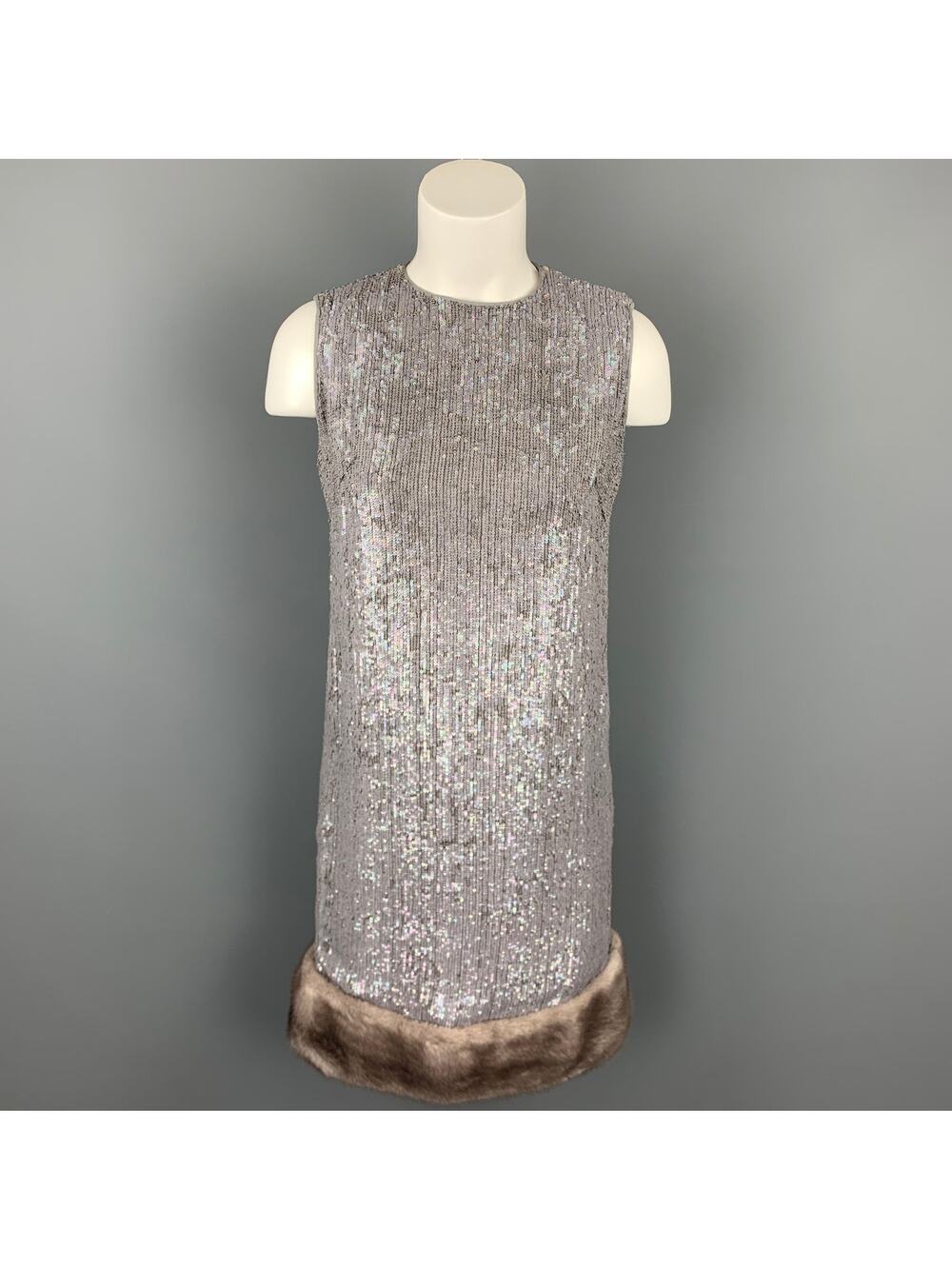 NORMAN AMBROSE Size 4 Gray Silk Sequined Mink Fur Panel Shift Cocktail Dress